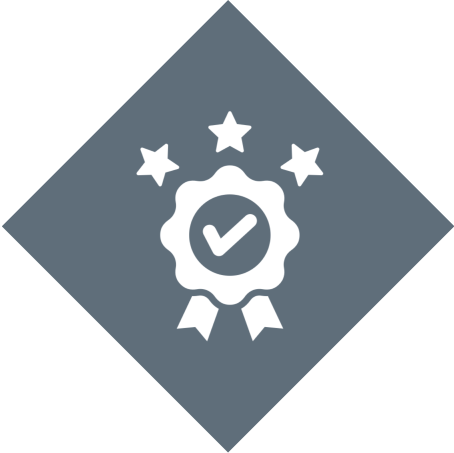 Badge with stars and checkmark in diamond.