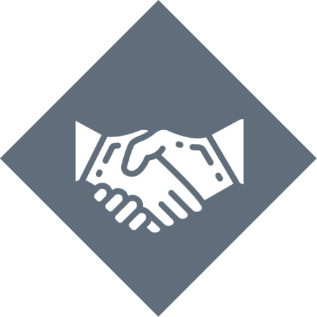 Handshake icon on gray diamond background.