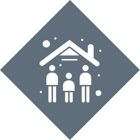 Family under roof icon on diamond background.