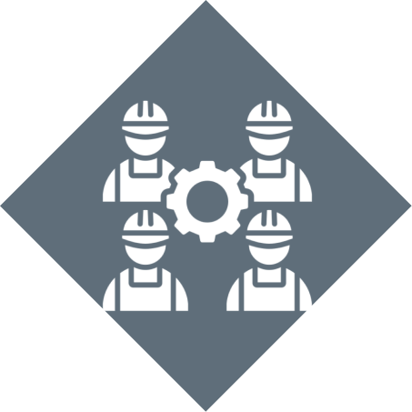 Workers with gear symbol in diamond shape.