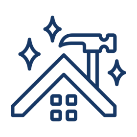 House roof with hammer and sparkles icon.